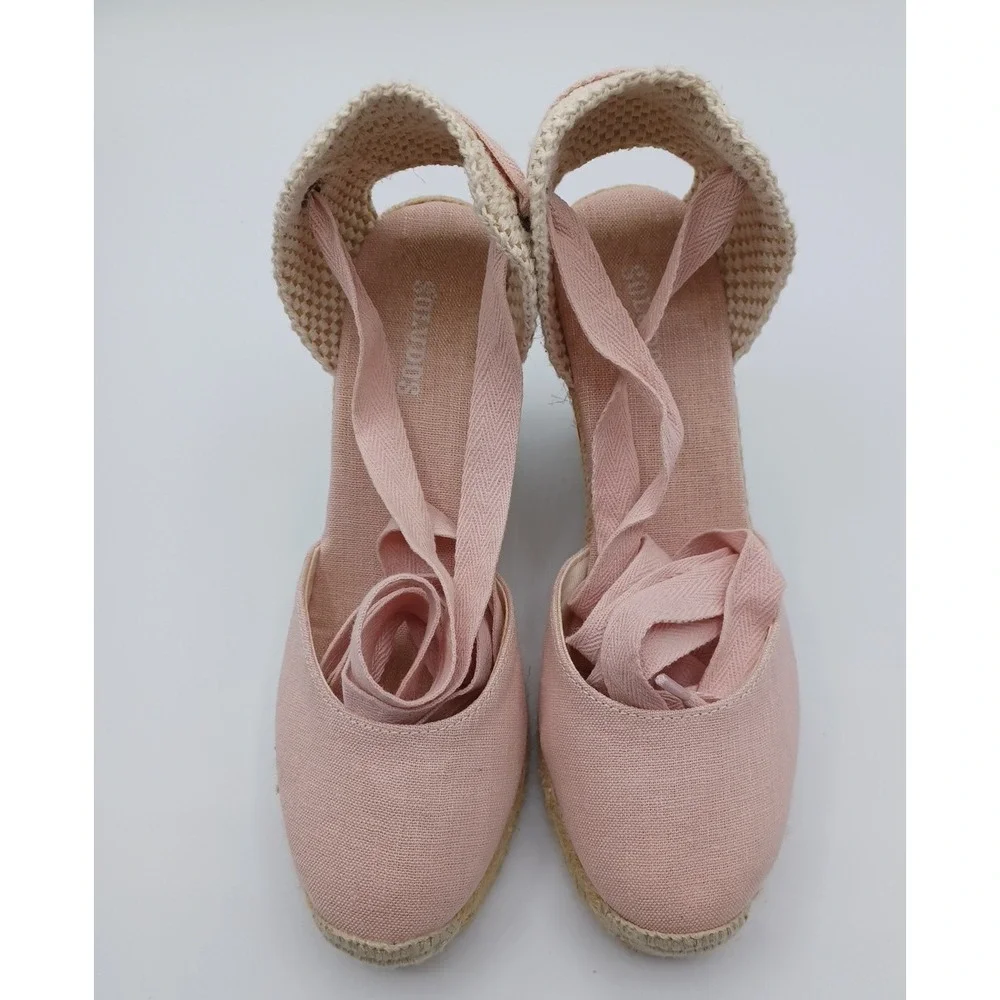 Soludos The Marseille Lace Up Wedge Espadrille PINK Ribbon Women's 5.5 Jute Heel